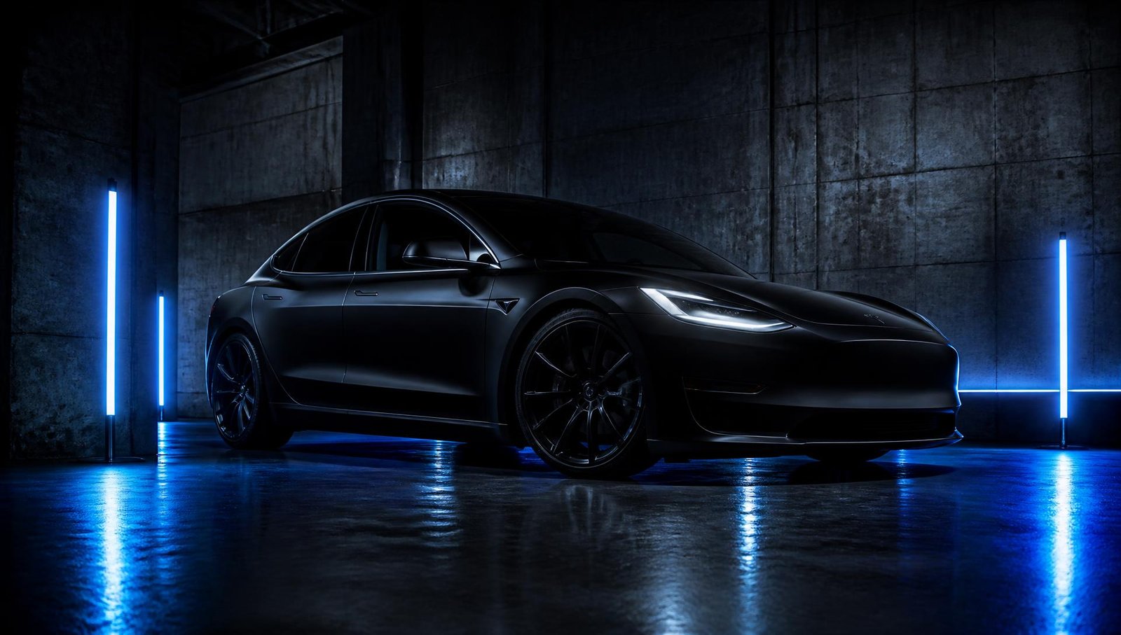Matte black performance car in a dark detailing studio